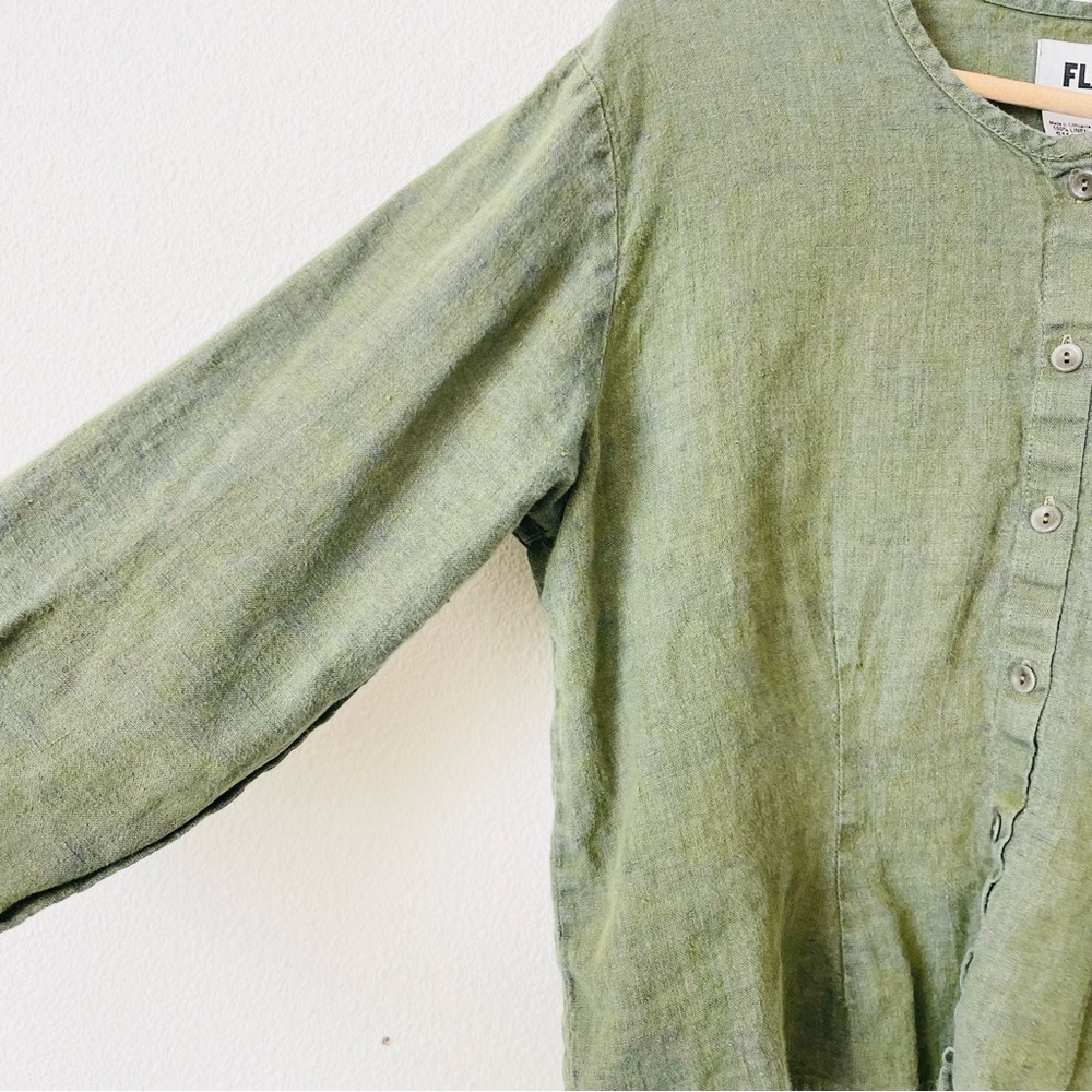 Flax SMALL 100% linen green button up 3/4 sleeve blouse - Picture 2 of 5